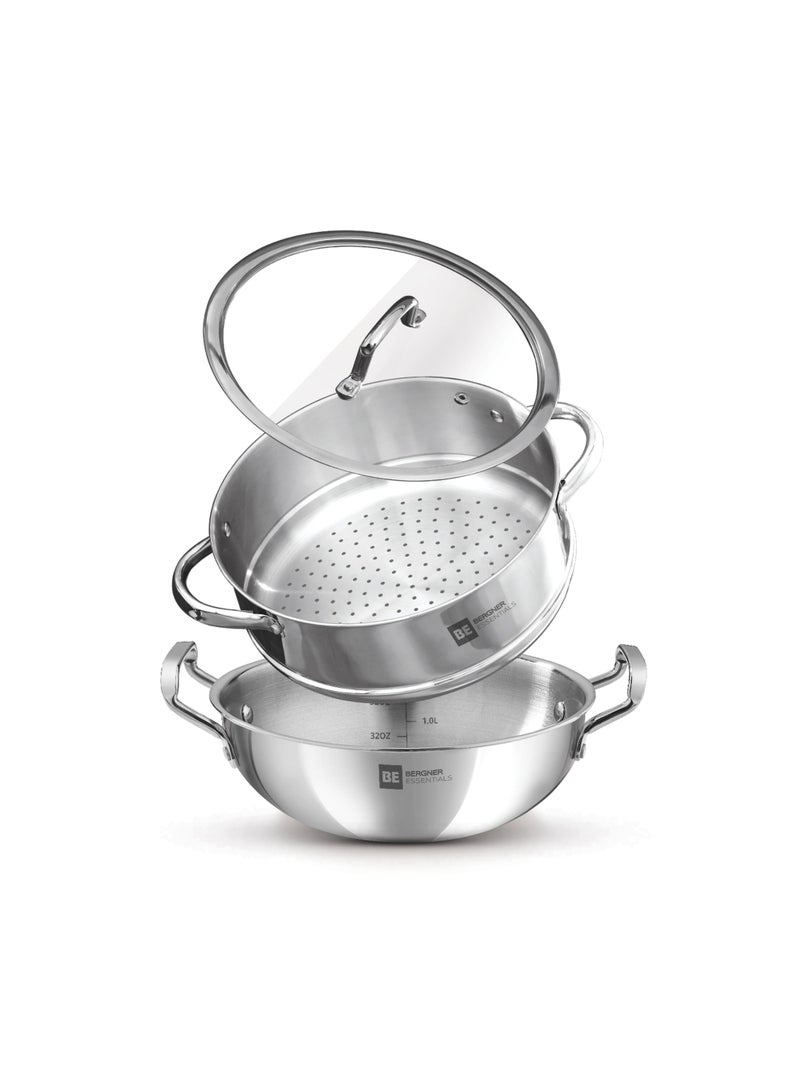 بيرجنر طقم أواني طهي بيرغنر إسنشيلز 3 قطع من الستانلس ستيل ثلاثي الطبقات - مقلاة عميقة 24 سم (3.2 لتر) مع قدر بخارية وغطاء زجاجي - طقم "ووك" متعدد الاستخدامات للمواقد الغاز والحث الحراري، طقم طهي صحي - Image 1